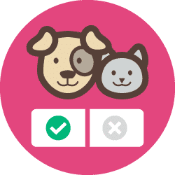 The Prudent Pet Insurance logo mark featuring a dog and cat illustration, with a green check mark and a gray X below them, set against a pink circular background