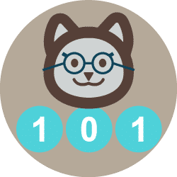 An illustration of a cat wearing glasses above three blue circles containing the numbers 1, 0, and 1, set against a beige circular background