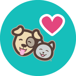 The Prudent Pet Insurance logo mark featuring a smiling dog and cat with their tongues out, next to a pink heart, set against a turquoise circular background
